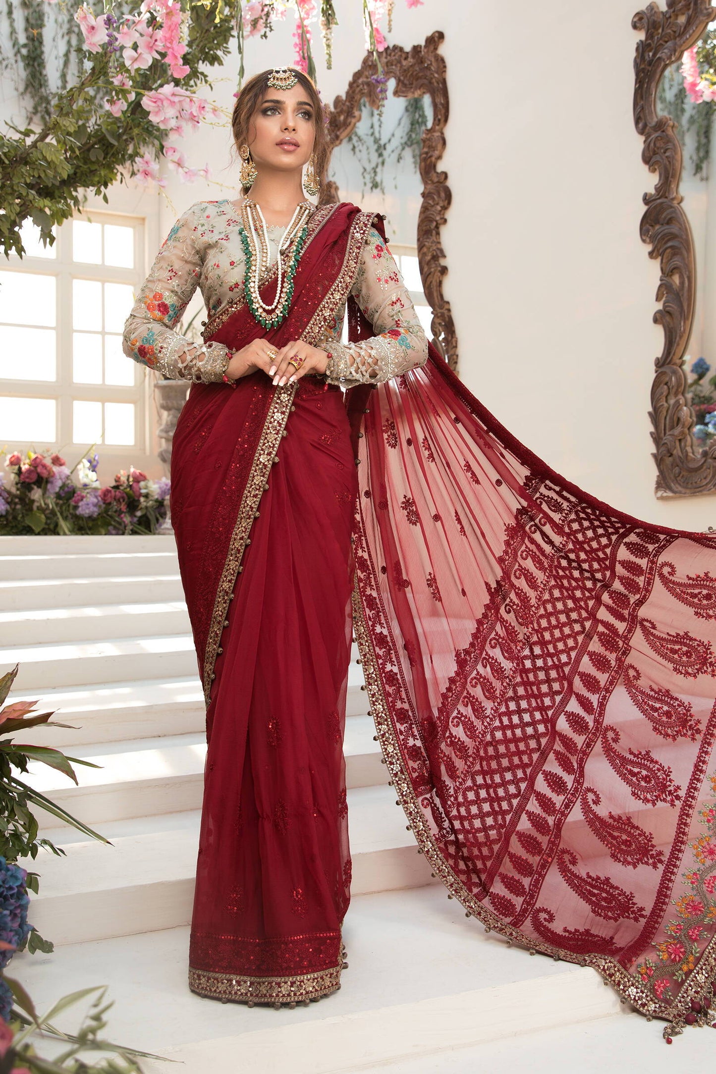 Unstitched MBROIDERED - Deep red and Beige (BD-2107)