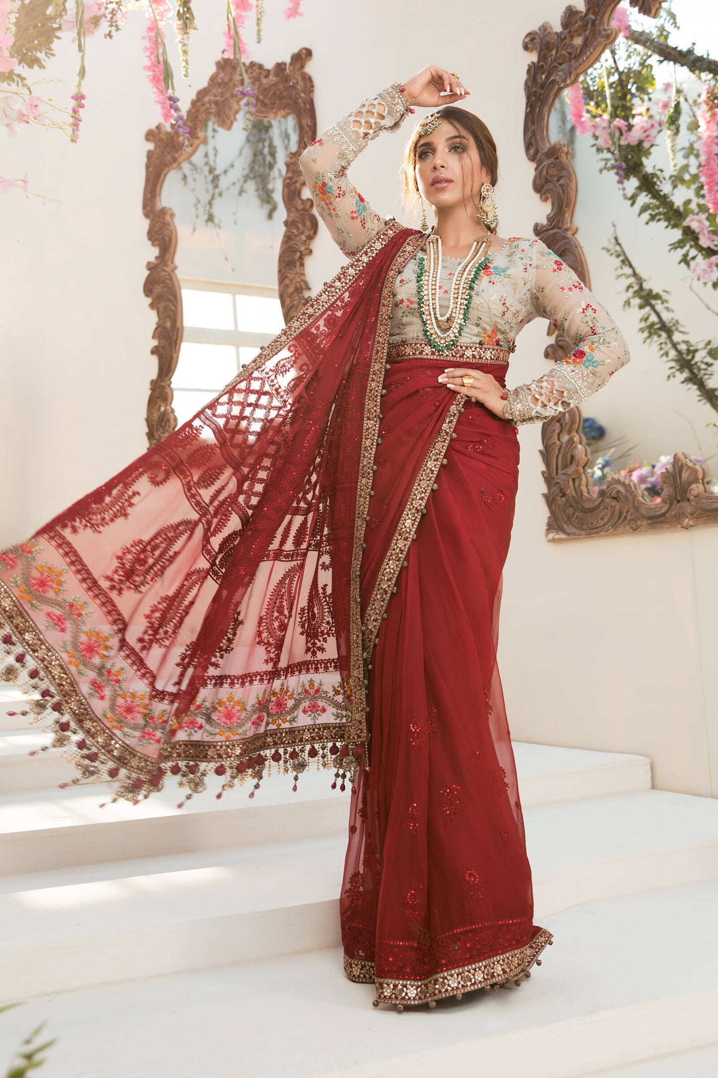 Unstitched MBROIDERED - Deep red and Beige (BD-2107)