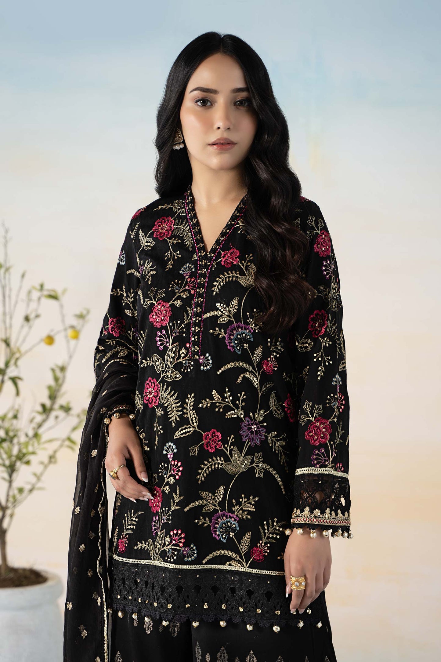 3 PIECE EMBROIDERED SELF JACQUARD SUIT | DW-EF24-03