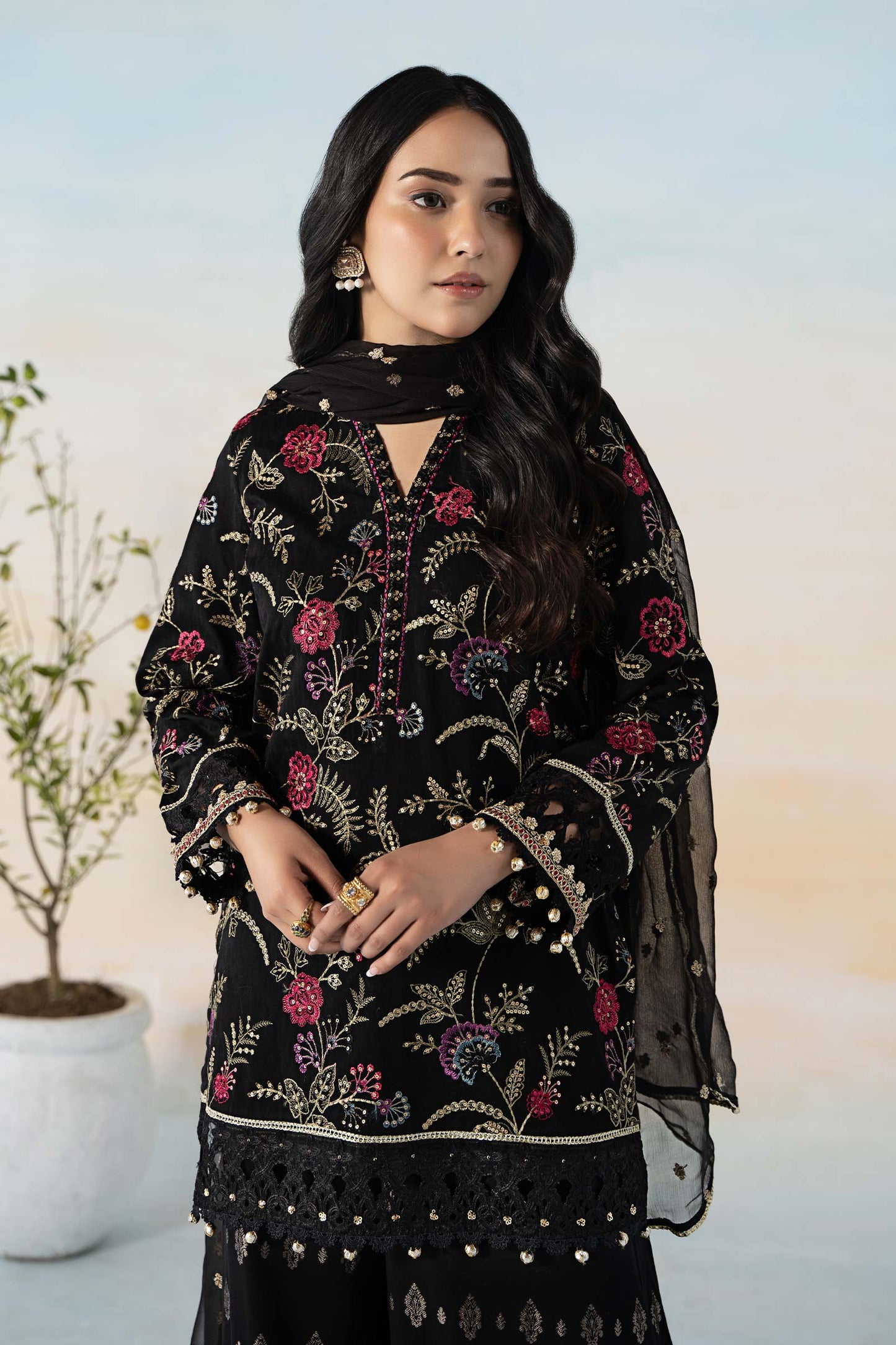 3 PIECE EMBROIDERED SELF JACQUARD SUIT | DW-EF24-03