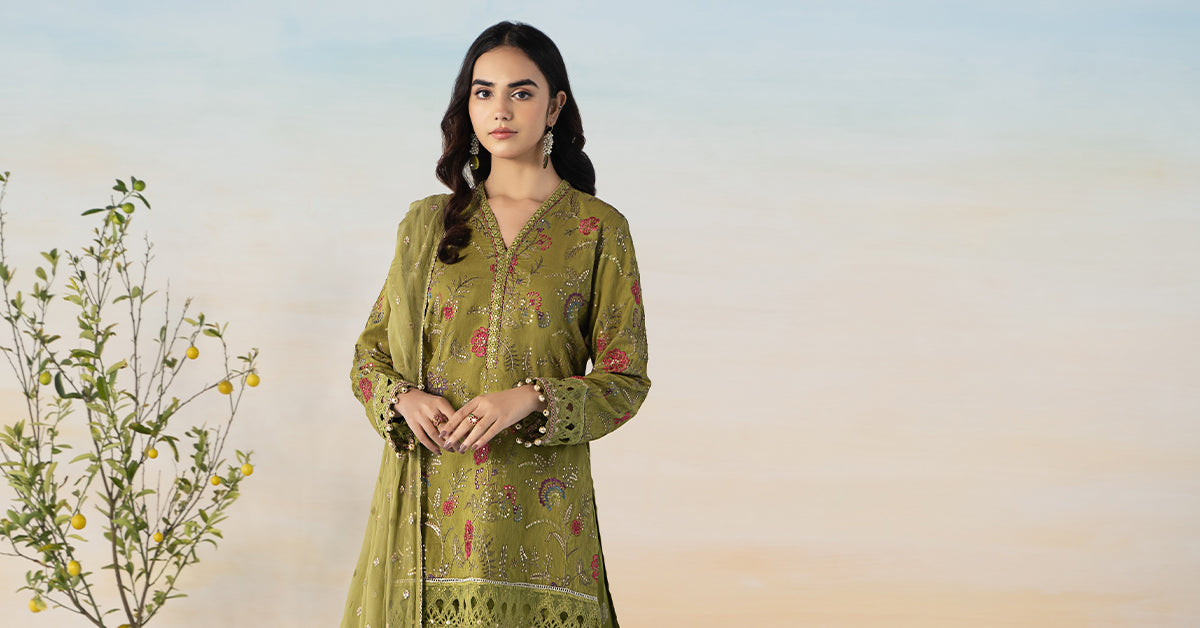 3 PIECE EMBROIDERED SELF JACQUARD SUIT | DW-EF24-03