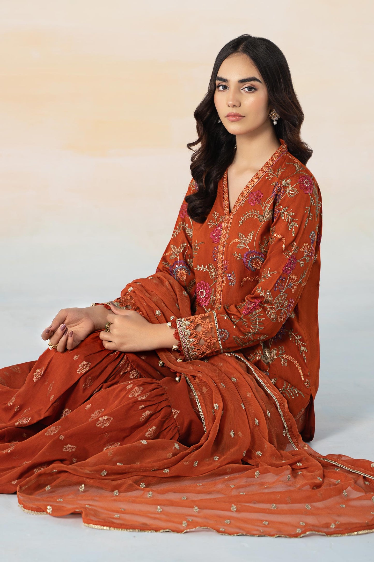 3 PIECE EMBROIDERED SELF JACQUARD SUIT | DW-EF24-03