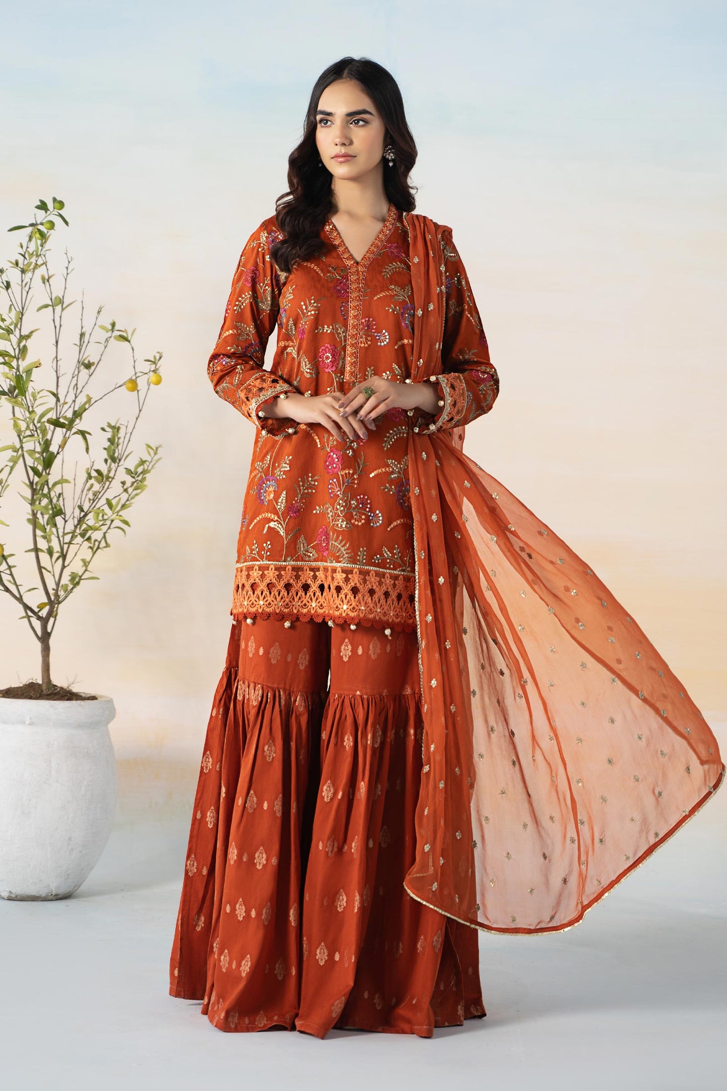 3 PIECE EMBROIDERED SELF JACQUARD SUIT | DW-EF24-03