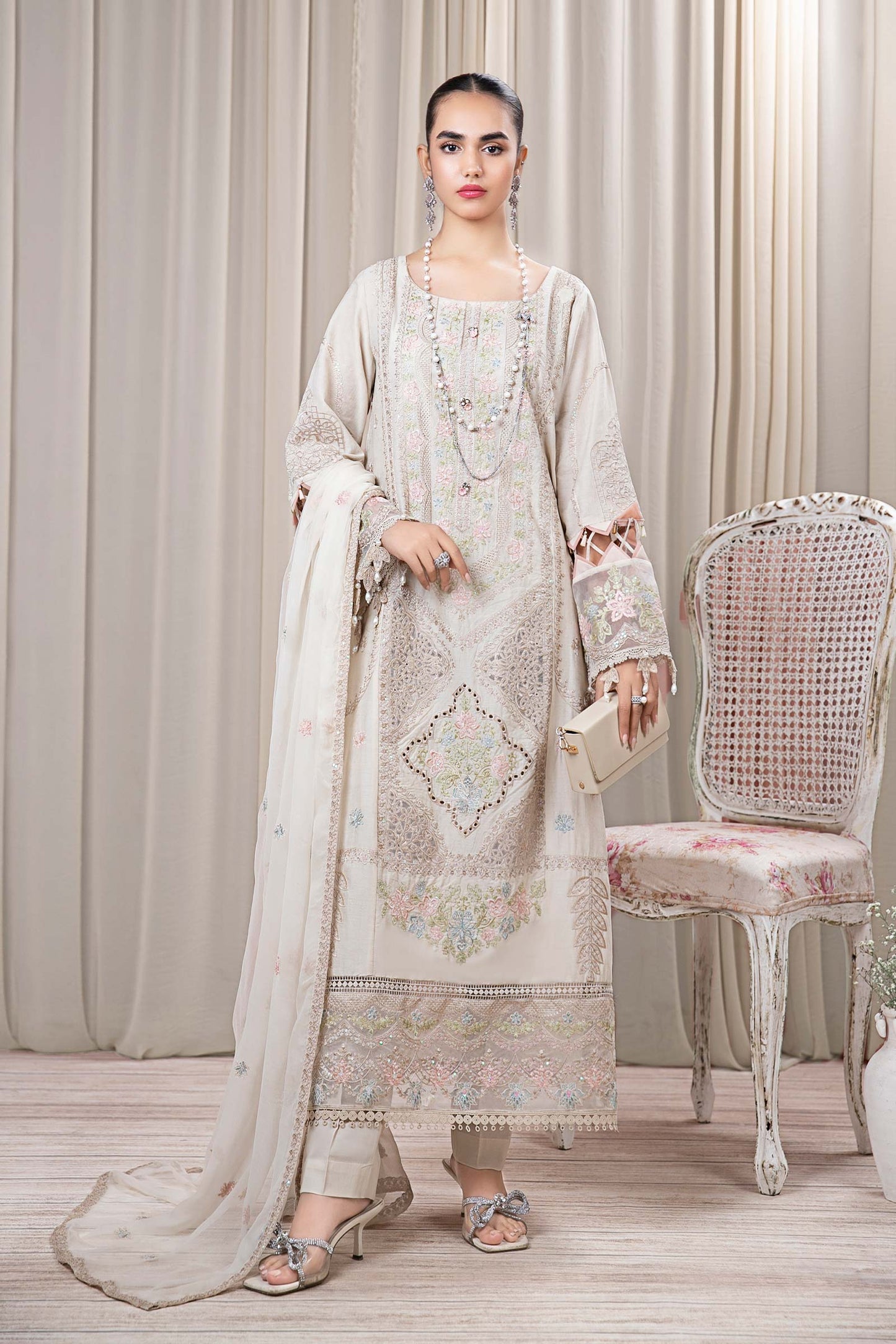 3 PIECE EMBROIDERED SELF JACQUARD SUIT | DW-EF24-109