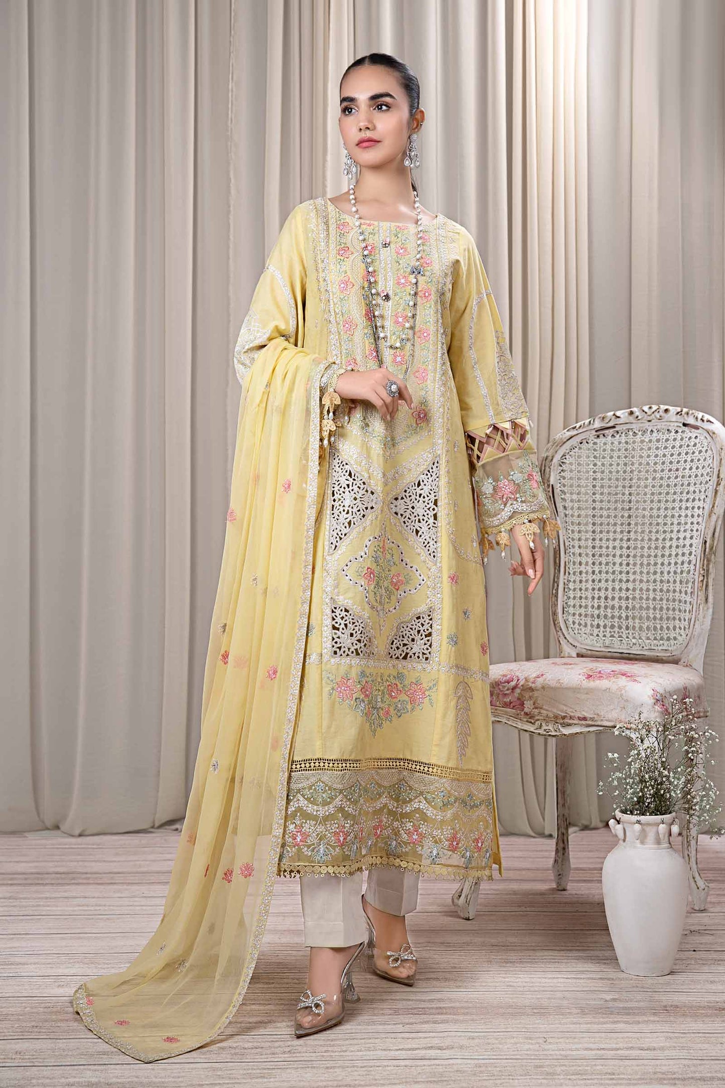 3 PIECE EMBROIDERED SELF JACQUARD SUIT | DW-EF24-109