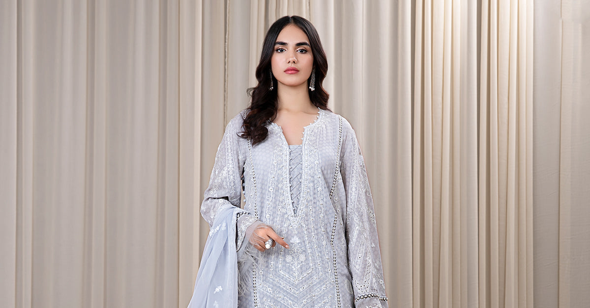 3 PIECE EMBROIDERED SELF JACQUARD SUIT | DW-EF24-32