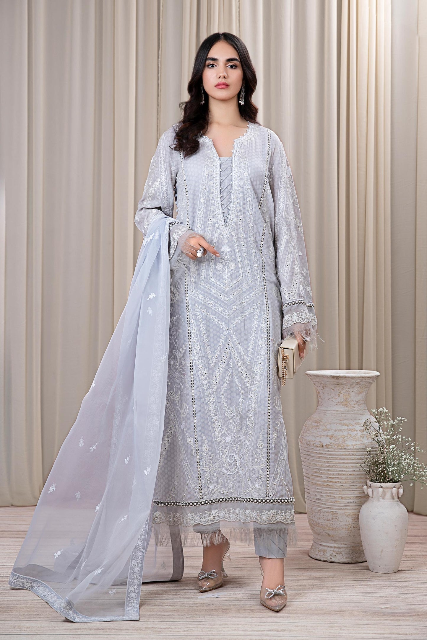 3 PIECE EMBROIDERED SELF JACQUARD SUIT | DW-EF24-32