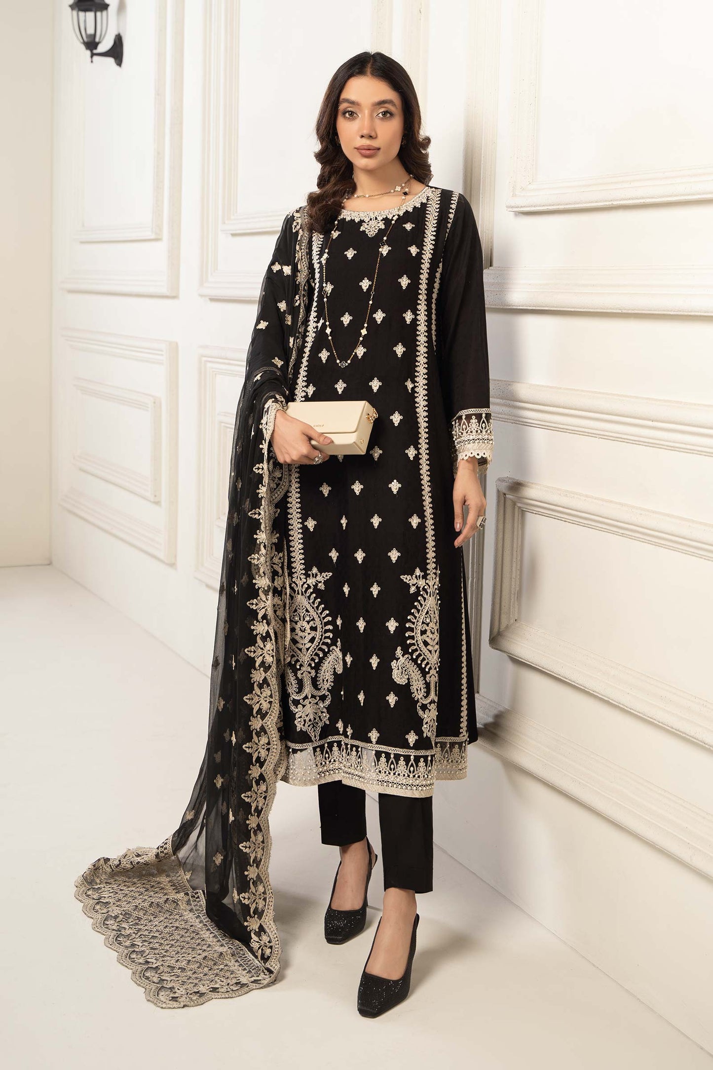 3 PIECE EMBROIDERED SELF JACQUARD SUIT | DW-EF24-117