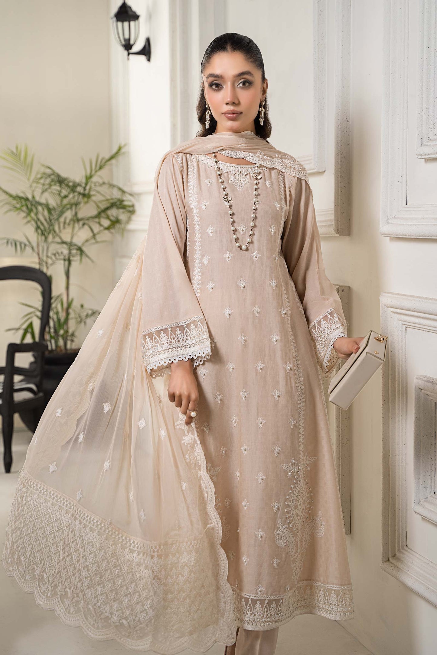 3 PIECE EMBROIDERED SELF JACQUARD SUIT | DW-EF24-117