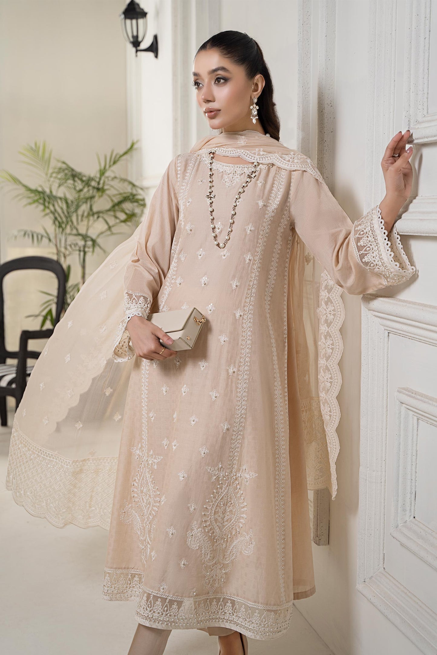 3 PIECE EMBROIDERED SELF JACQUARD SUIT | DW-EF24-117