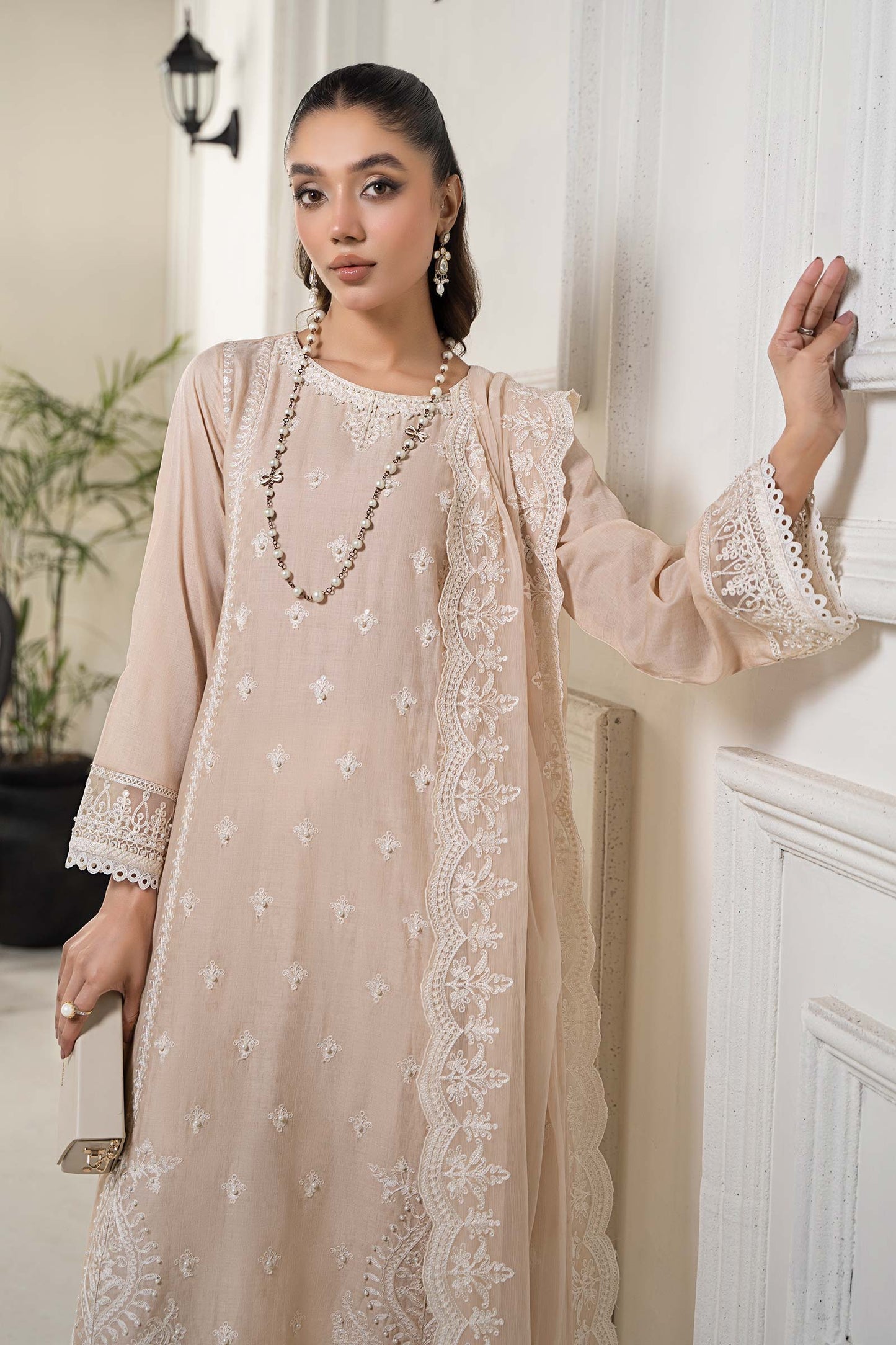 3 PIECE EMBROIDERED SELF JACQUARD SUIT | DW-EF24-117