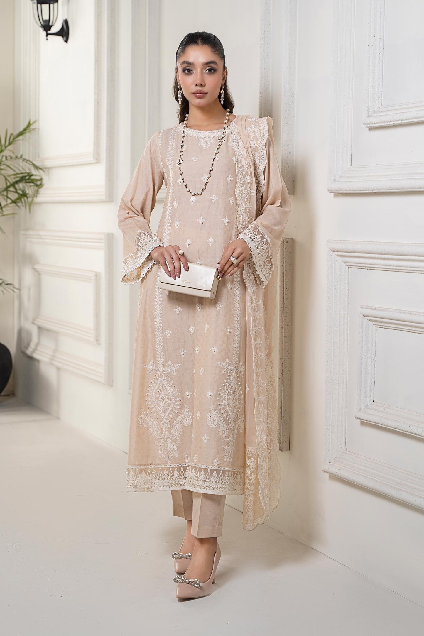 3 PIECE EMBROIDERED SELF JACQUARD SUIT | DW-EF24-117