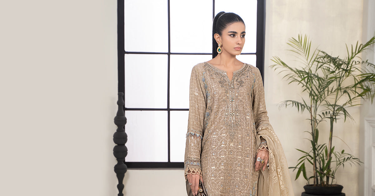 3 PIECE EMBROIDERED SELF JACQUARD SUIT | DW-EF24-31