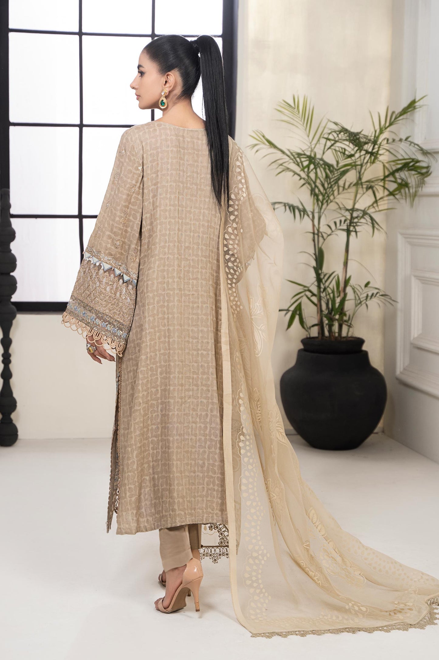 3 PIECE EMBROIDERED SELF JACQUARD SUIT | DW-EF24-31