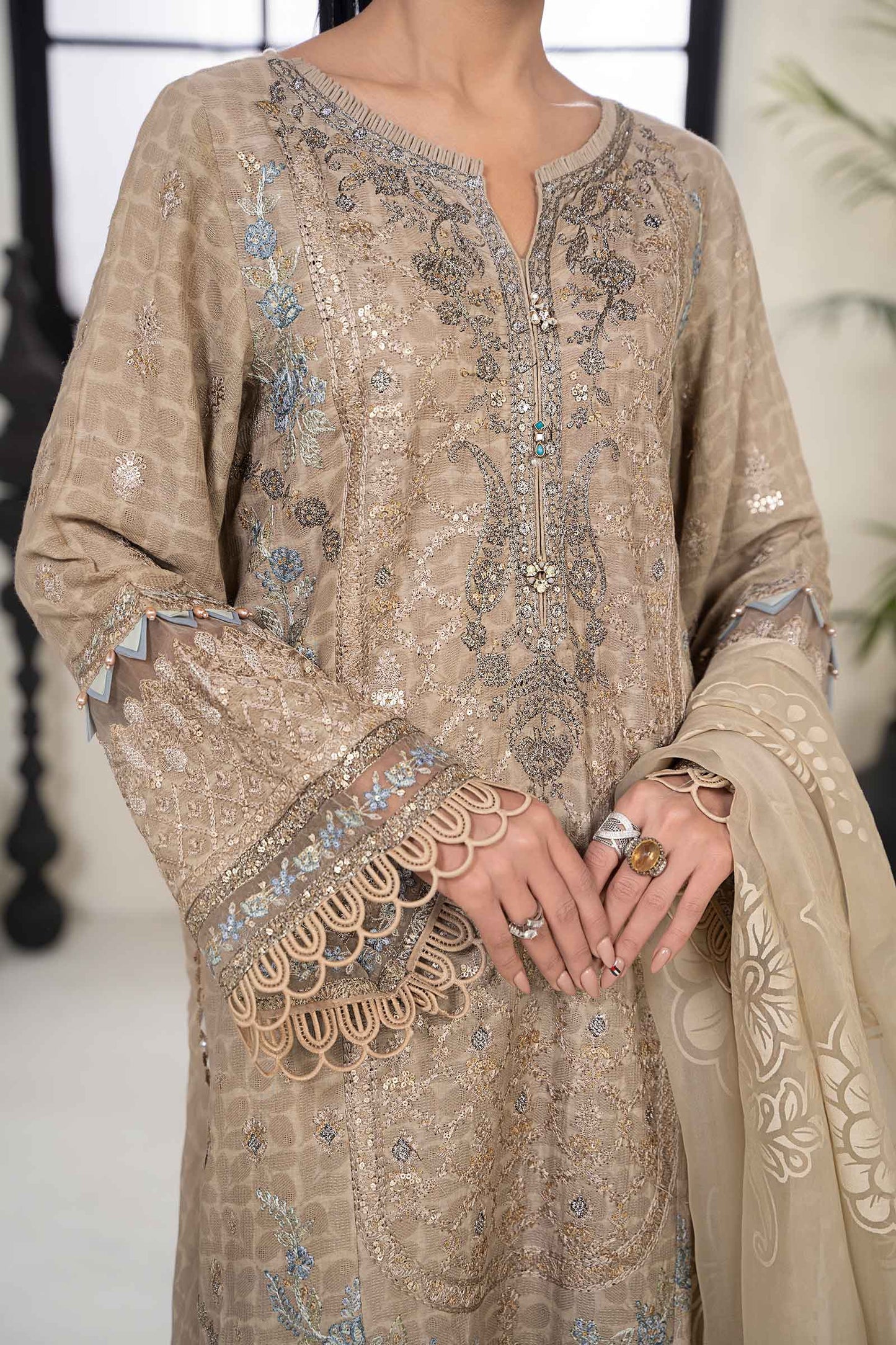 3 PIECE EMBROIDERED SELF JACQUARD SUIT | DW-EF24-31