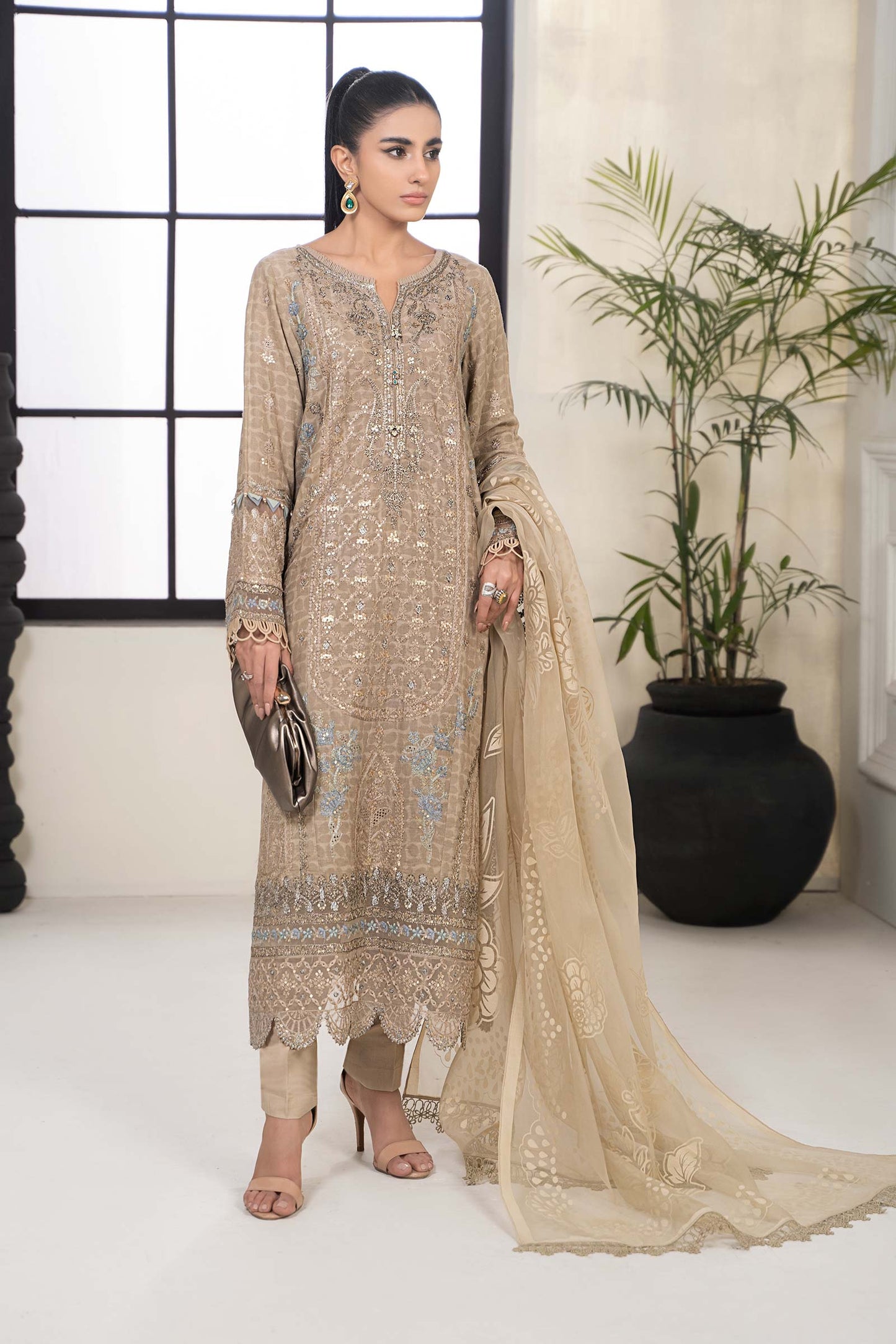 3 PIECE EMBROIDERED SELF JACQUARD SUIT | DW-EF24-31