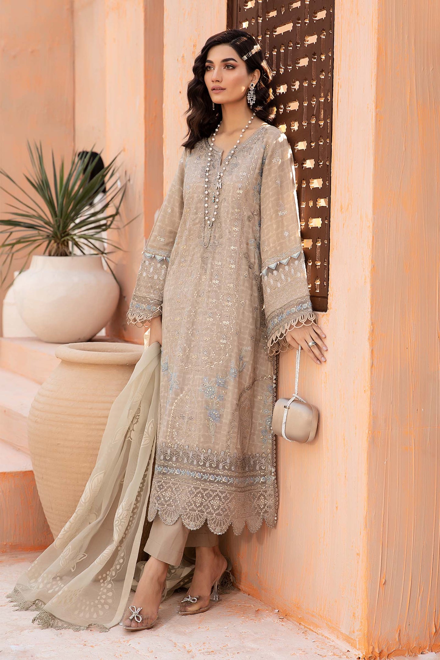 3 PIECE EMBROIDERED SELF JACQUARD SUIT | DW-EF24-31