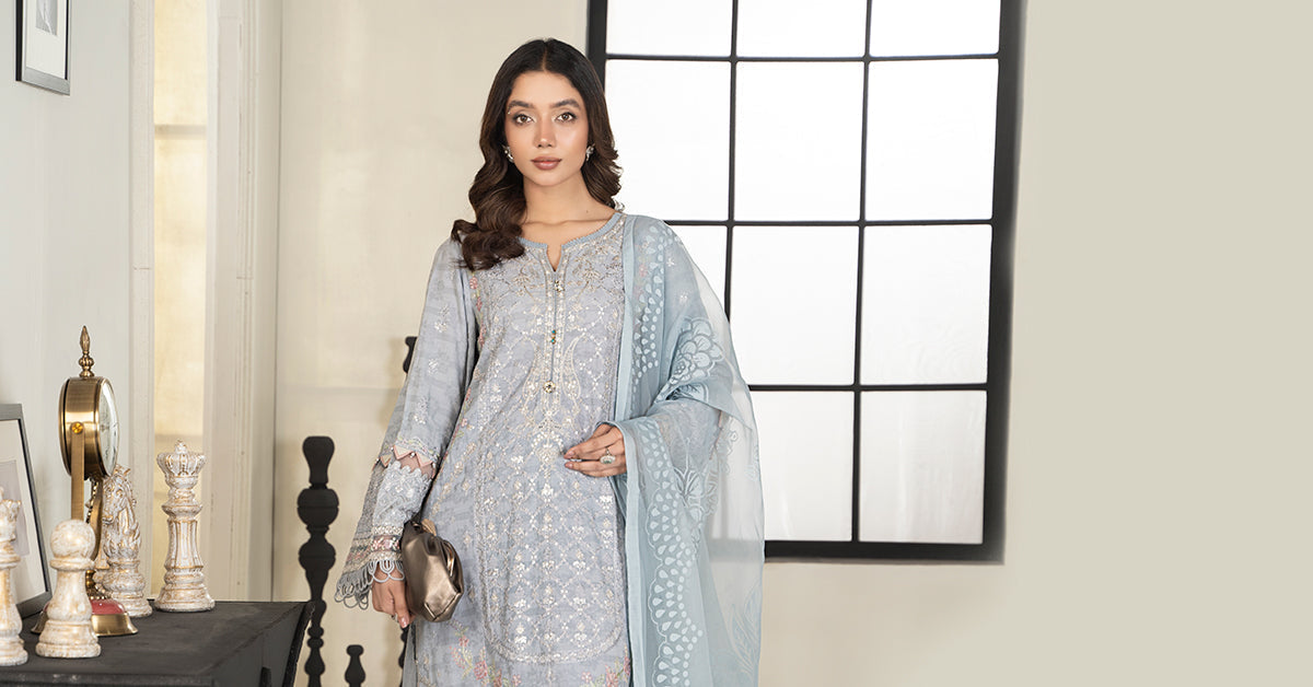 3 PIECE EMBROIDERED SELF JACQUARD SUIT | DW-EF24-31