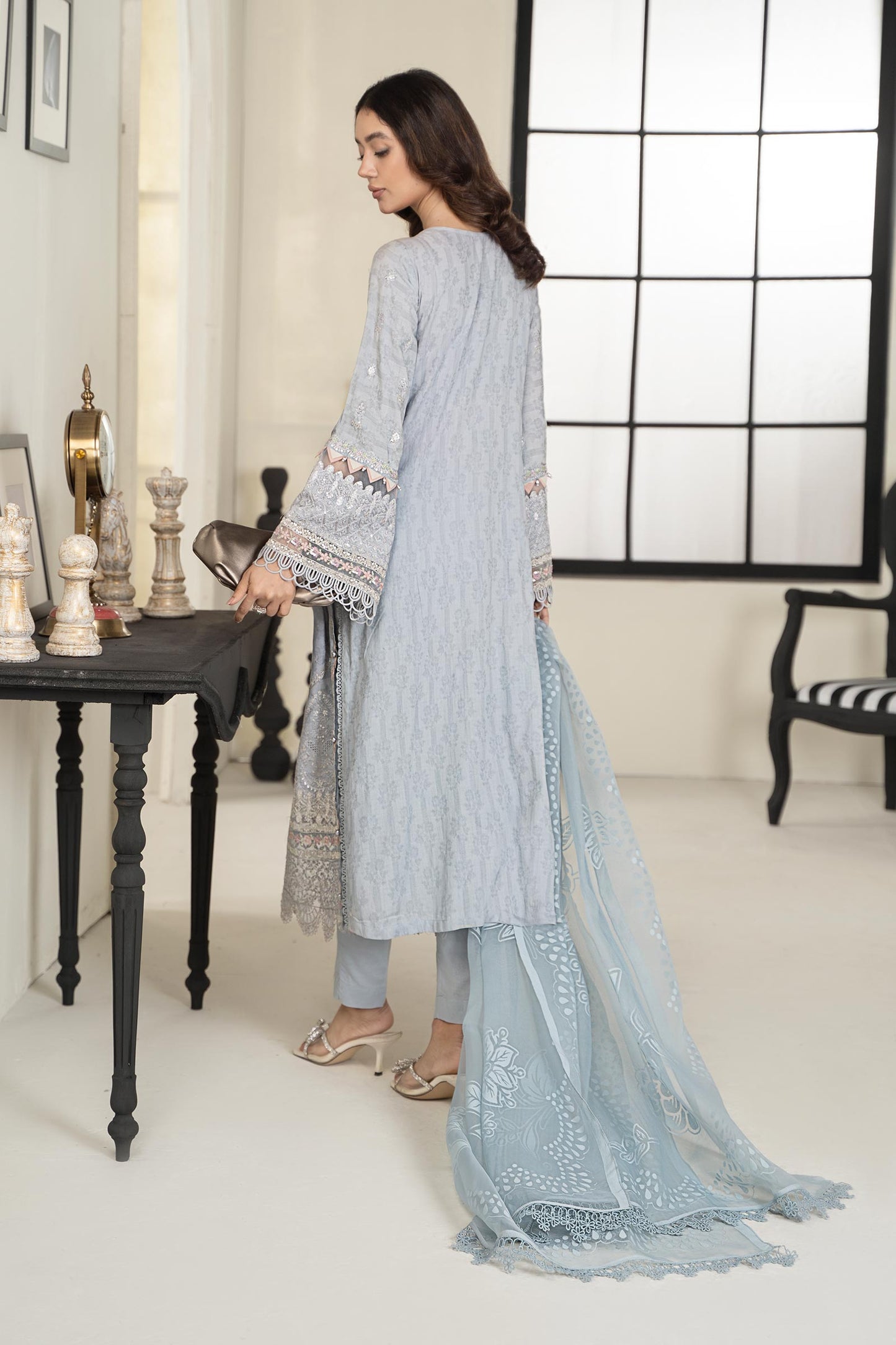 3 PIECE EMBROIDERED SELF JACQUARD SUIT | DW-EF24-31