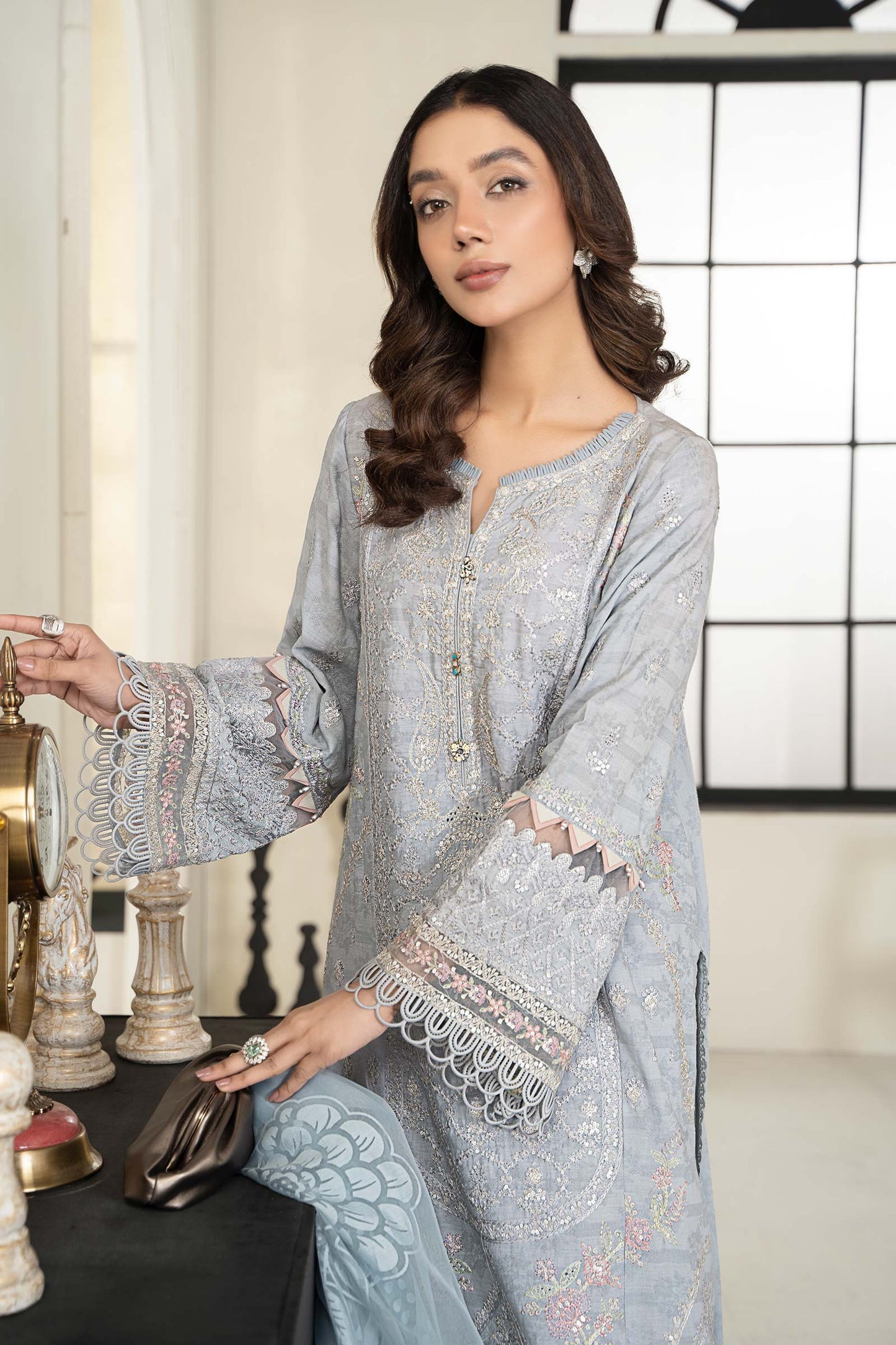 3 PIECE EMBROIDERED SELF JACQUARD SUIT | DW-EF24-31