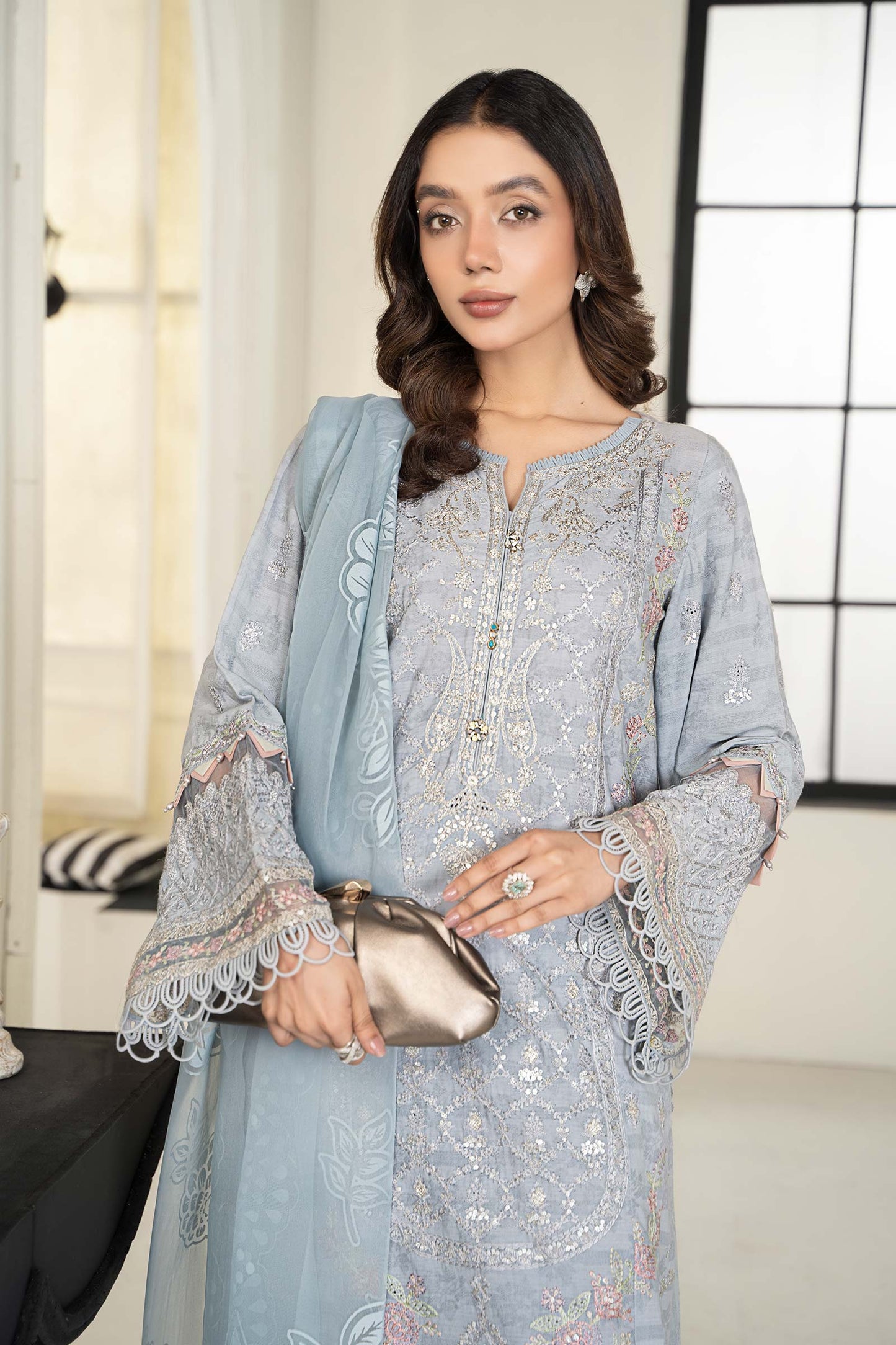 3 PIECE EMBROIDERED SELF JACQUARD SUIT | DW-EF24-31