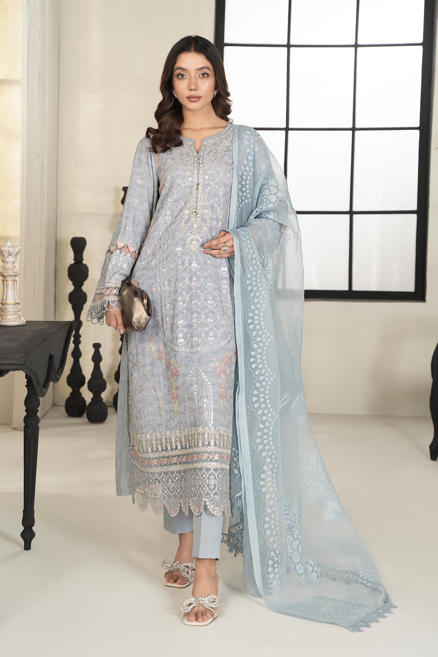 3 PIECE EMBROIDERED SELF JACQUARD SUIT | DW-EF24-31