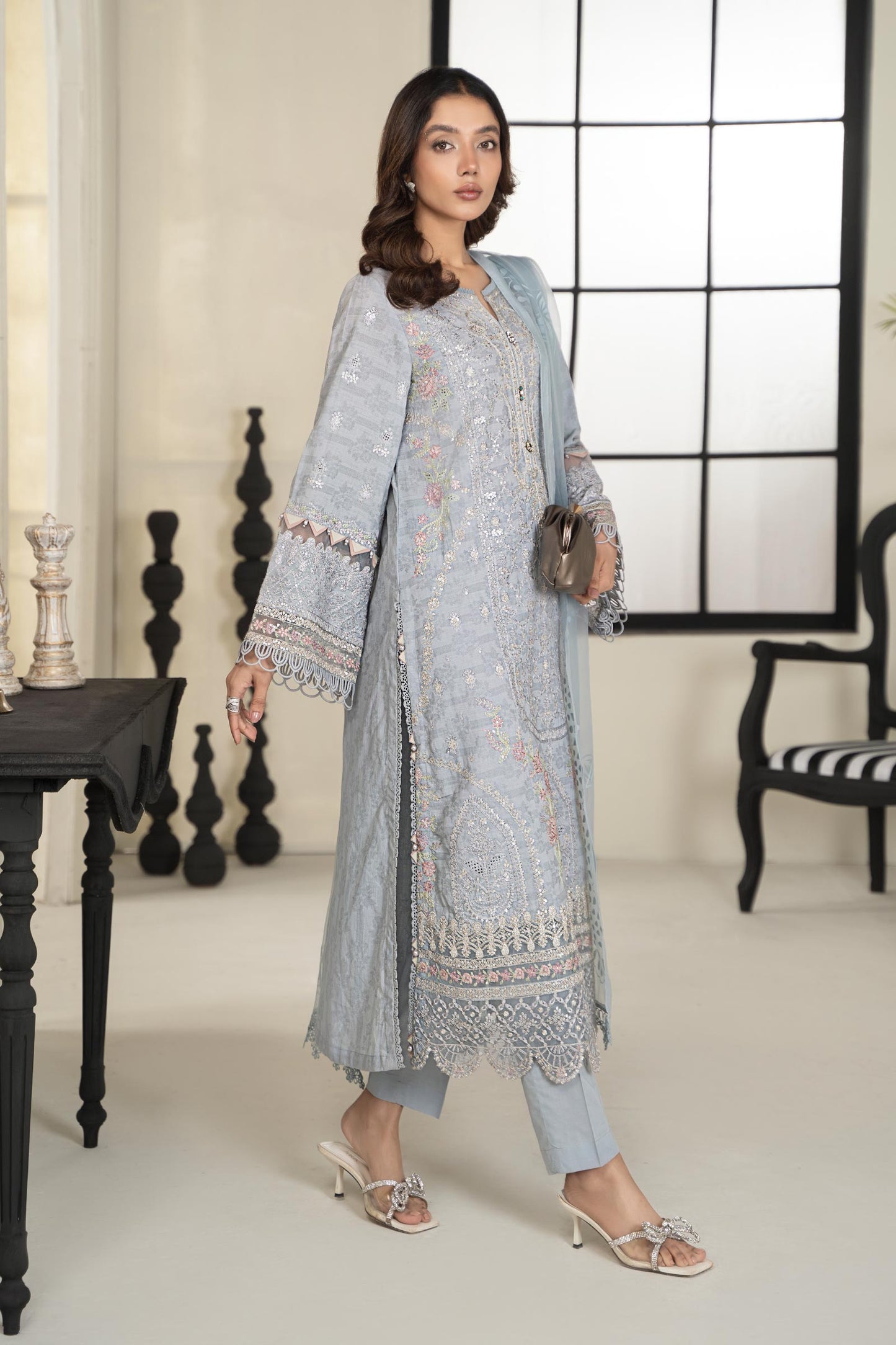 3 PIECE EMBROIDERED SELF JACQUARD SUIT | DW-EF24-31