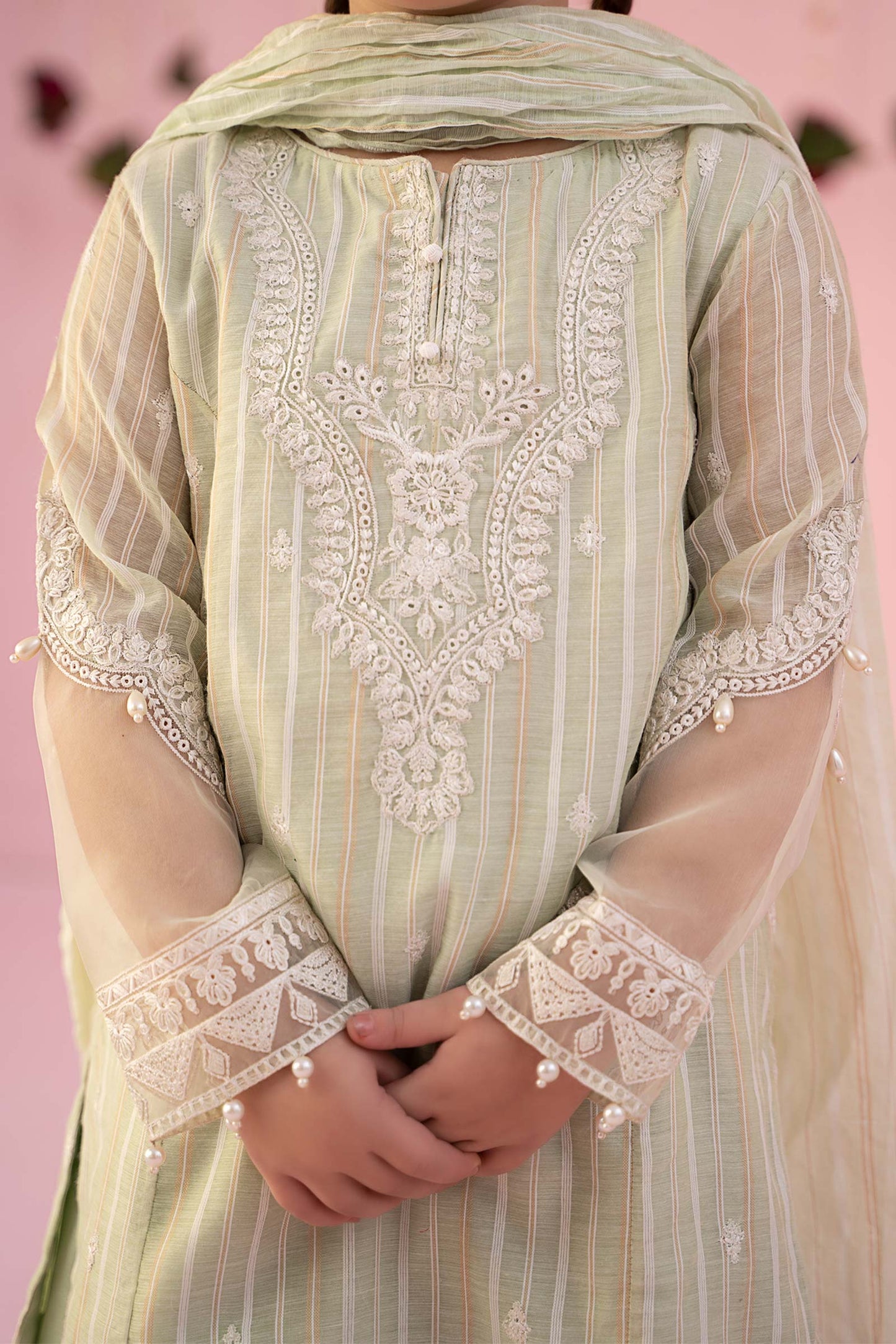 3 PIECE EMBROIDERED STRIPE COTTON SUIT | MKD-EF24-27