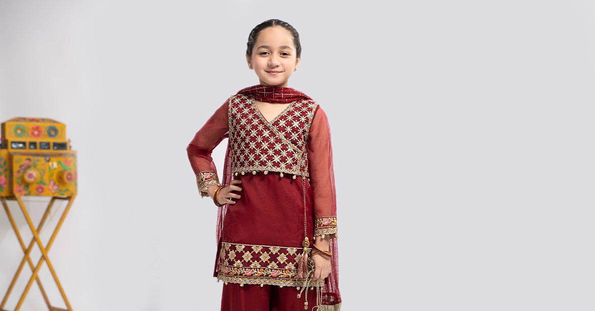 3 PIECE EMBROIDERED ORGANZA SUIT | MKS-EF24-29