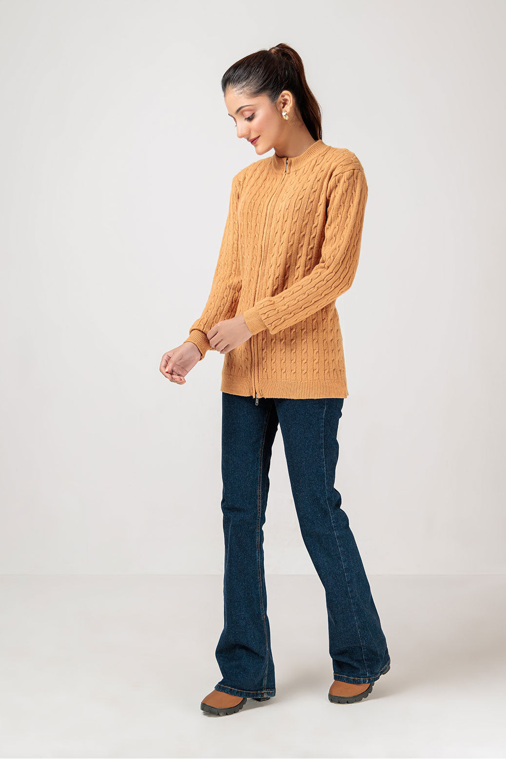 BEIGE-ZIPPER FULL SLEEVE-SWEATERS (22V-011-64)