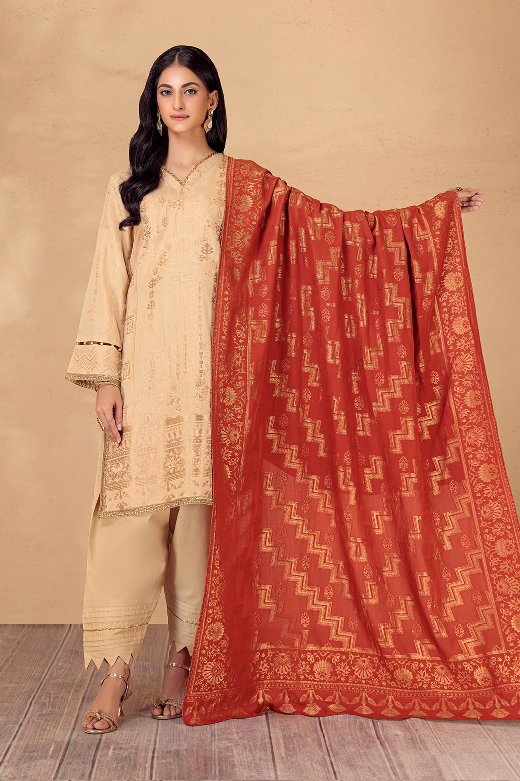 BEIGE-JACQUARD-3 PIECE-SUIT (HBNW22T3P4)