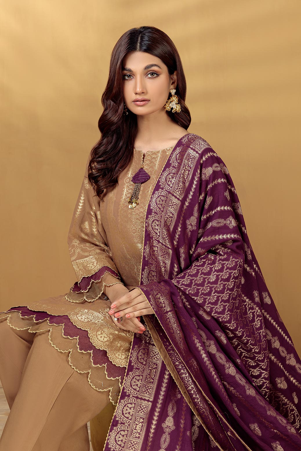 BEIGE-JACQUARD-3 PIECE SUIT (SBNW223P05)