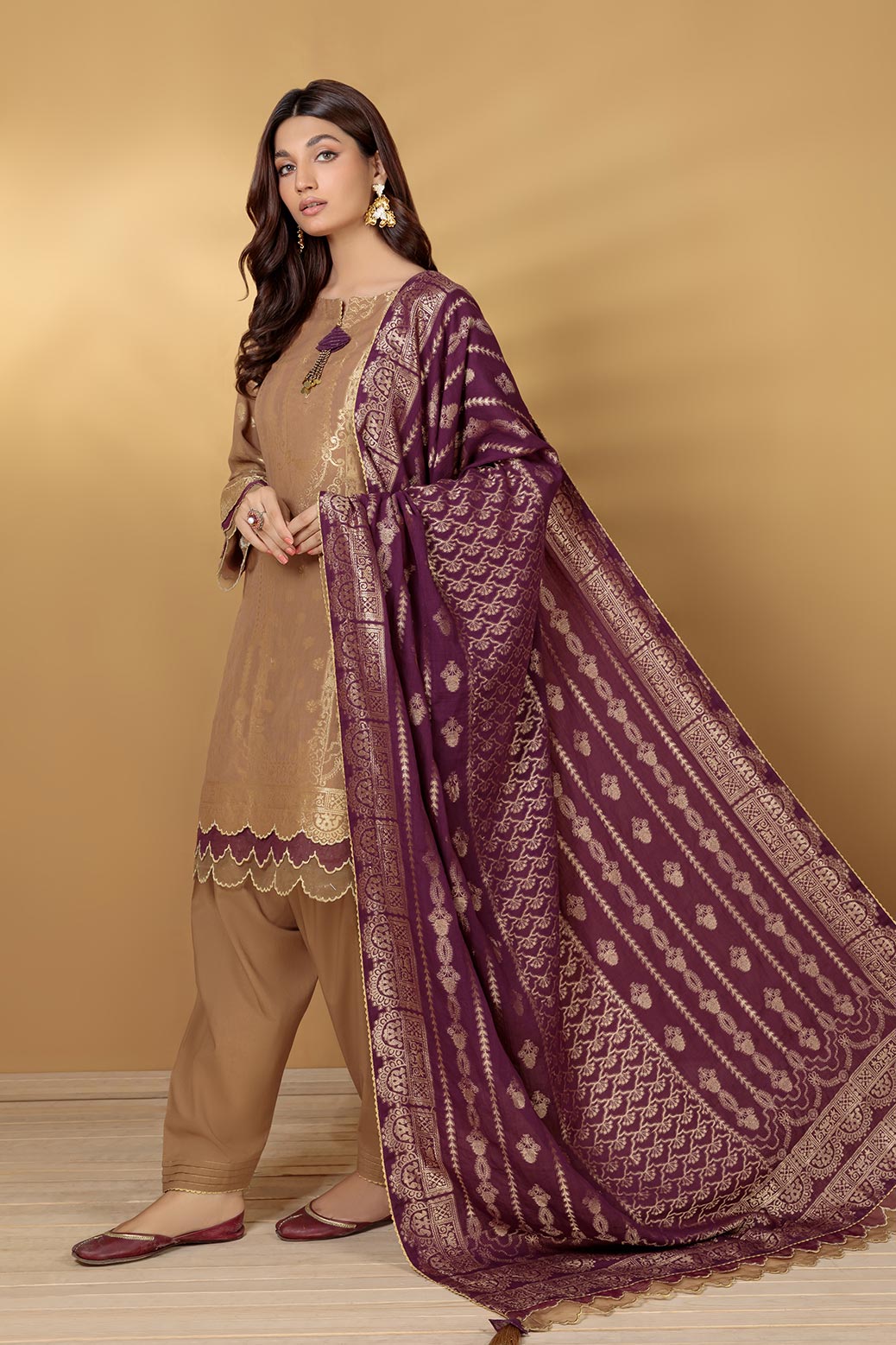 BEIGE-JACQUARD-3 PIECE SUIT (SBNW223P05)