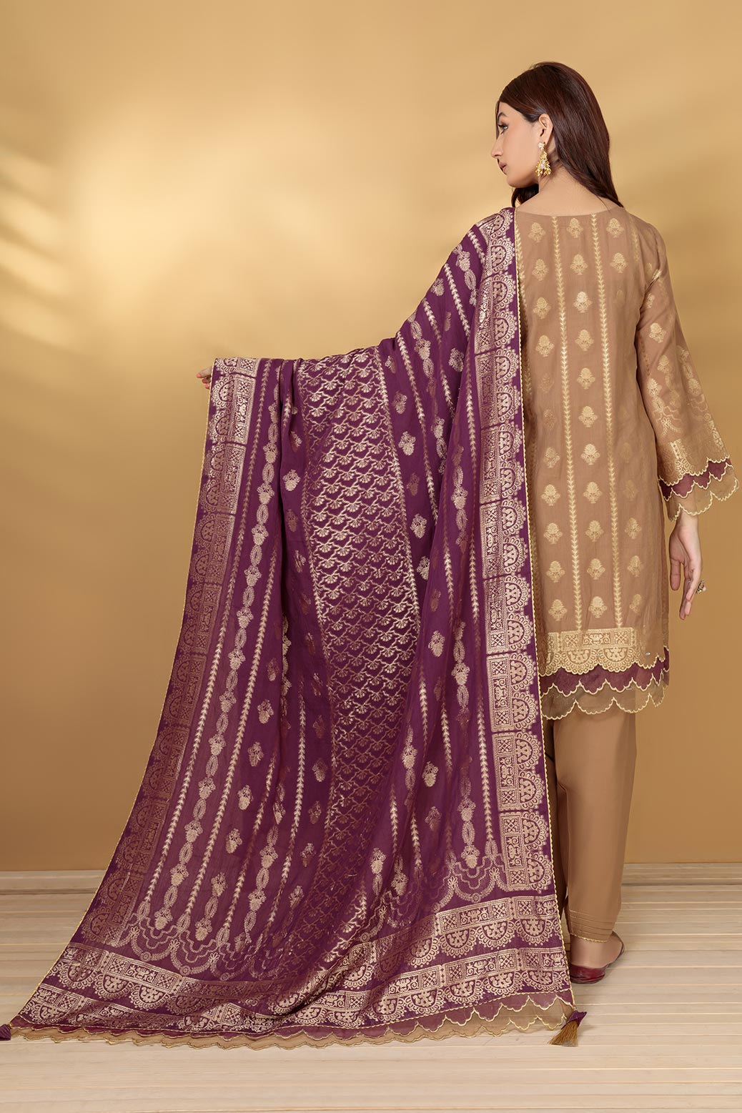 BEIGE-JACQUARD-3 PIECE SUIT (SBNW223P05)