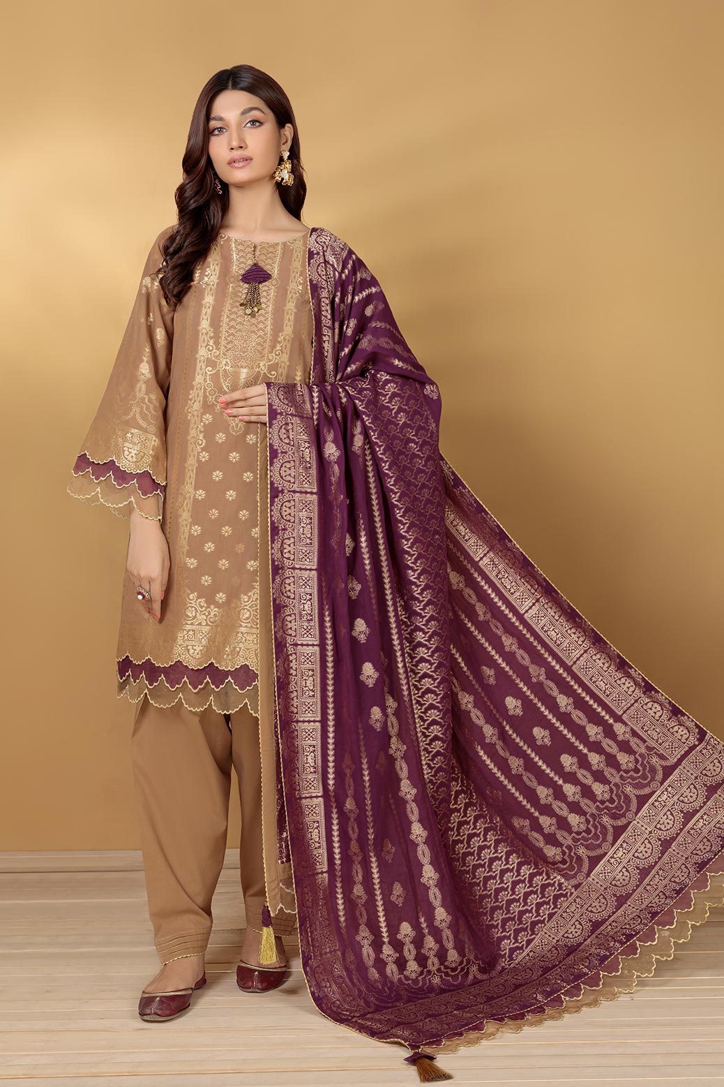 BEIGE-JACQUARD-3 PIECE SUIT (SBNW223P05)