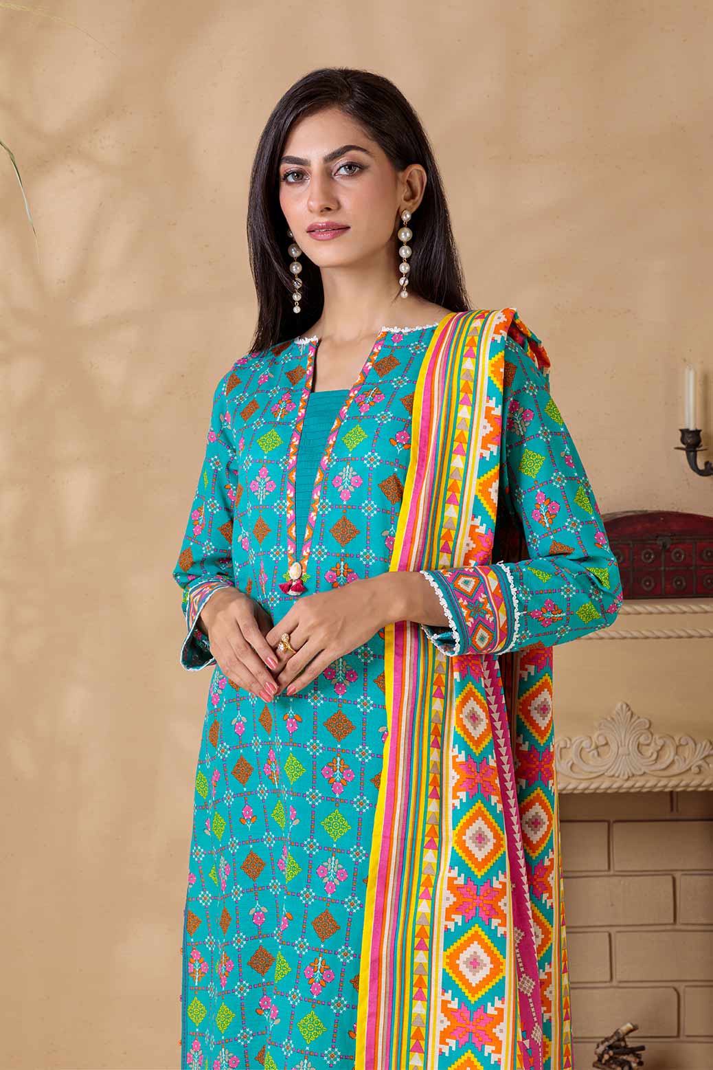 TEAL-KHADDAR-3 PIECE SUIT  (WAS223P04)