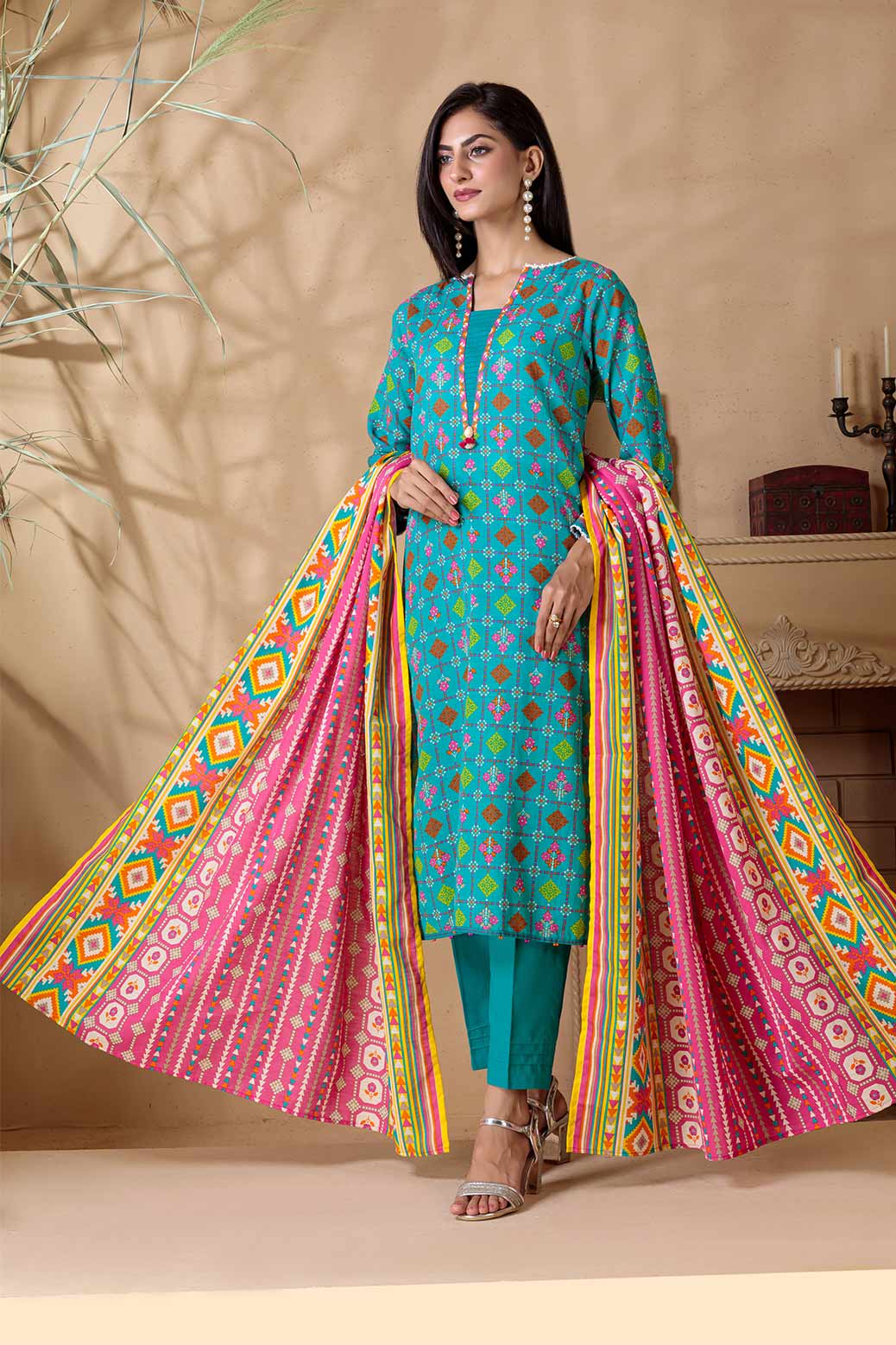 TEAL-KHADDAR-3 PIECE SUIT  (WAS223P04)