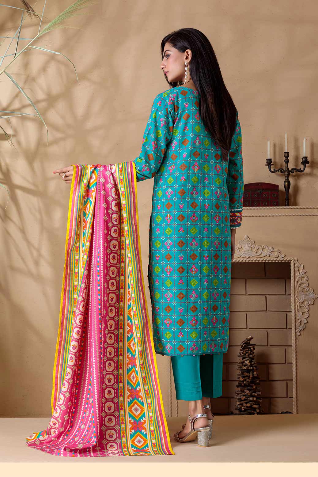 TEAL-KHADDAR-3 PIECE SUIT  (WAS223P04)